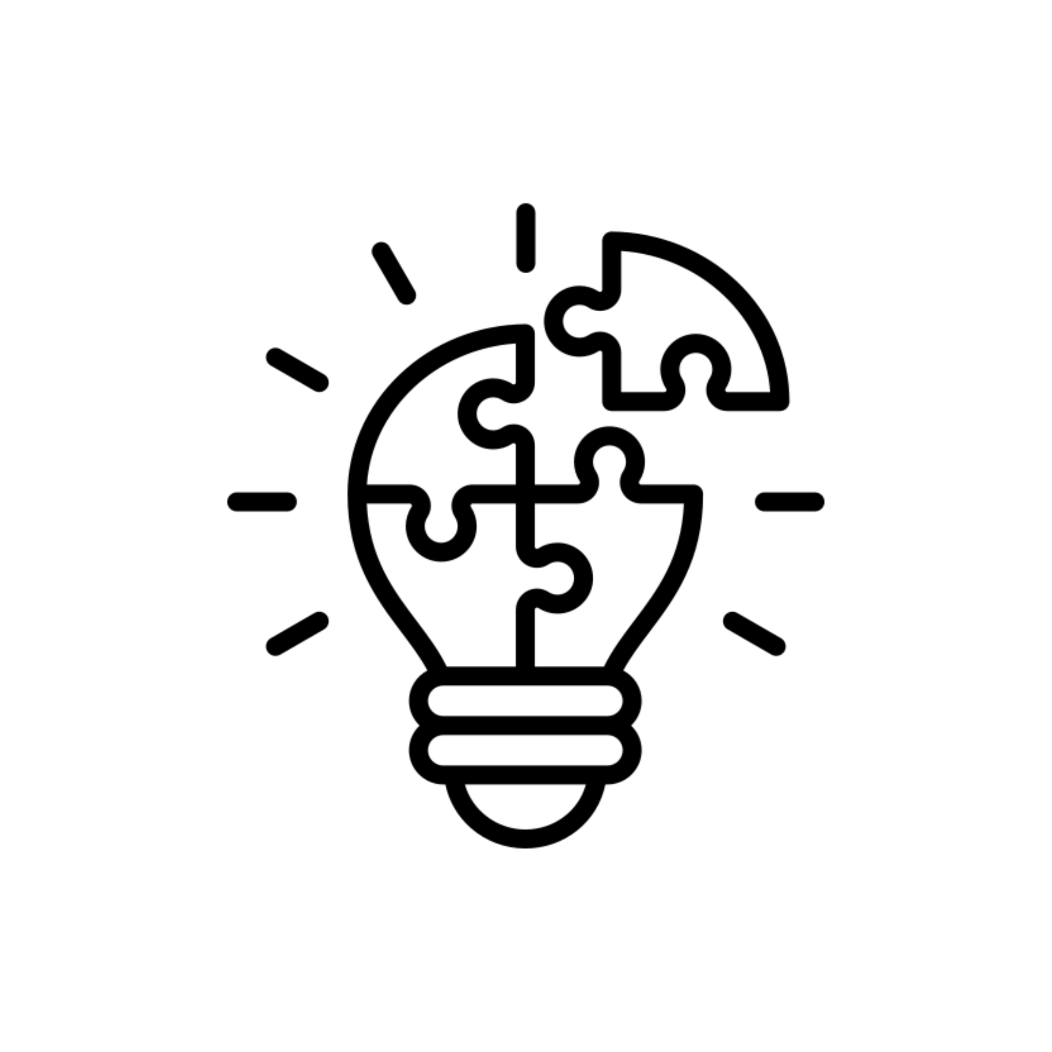 Black outline of a lightbulb where the bulb is made up of four puzzle pieces.