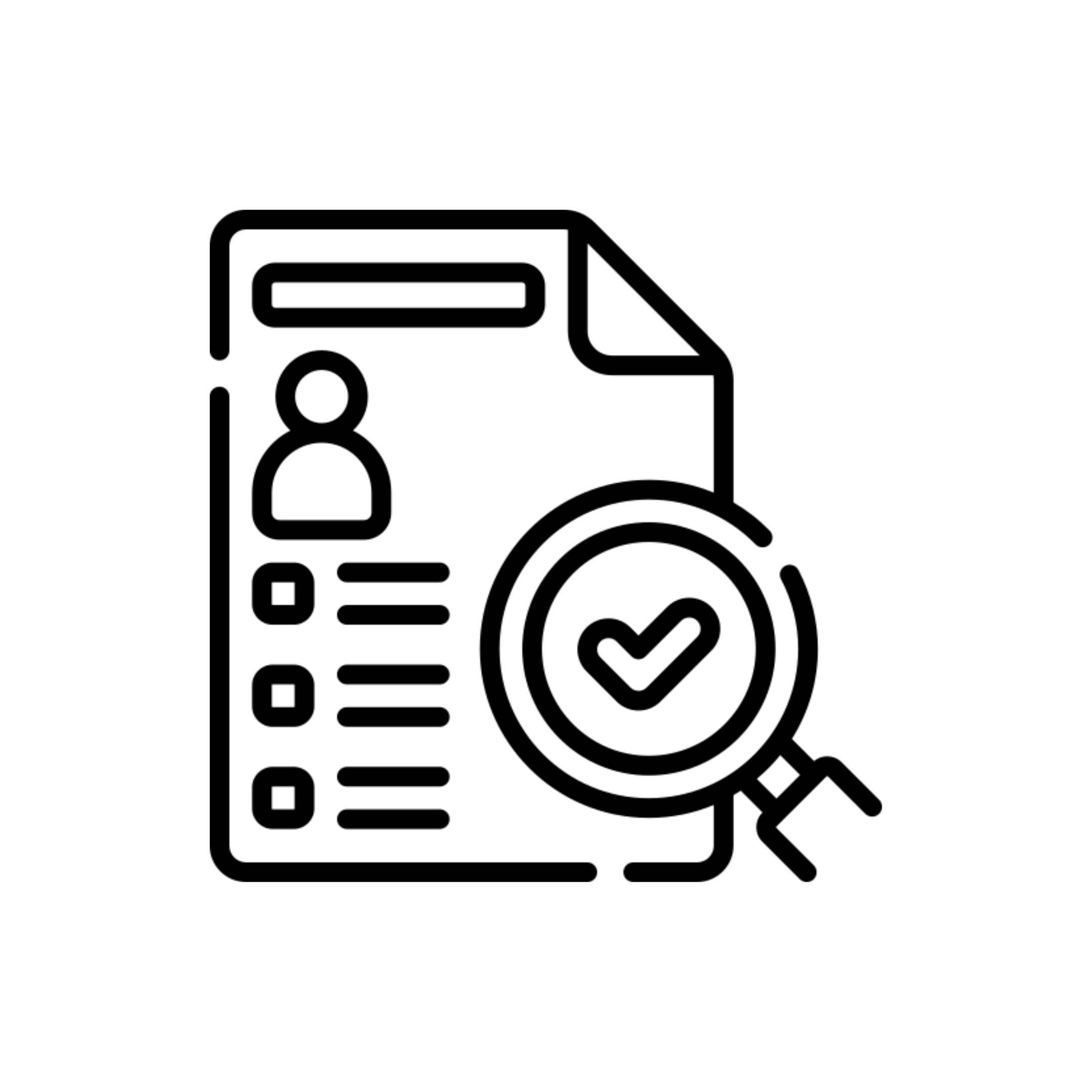 Black outline of a resume with a magnifying glass hovering in the lower right.